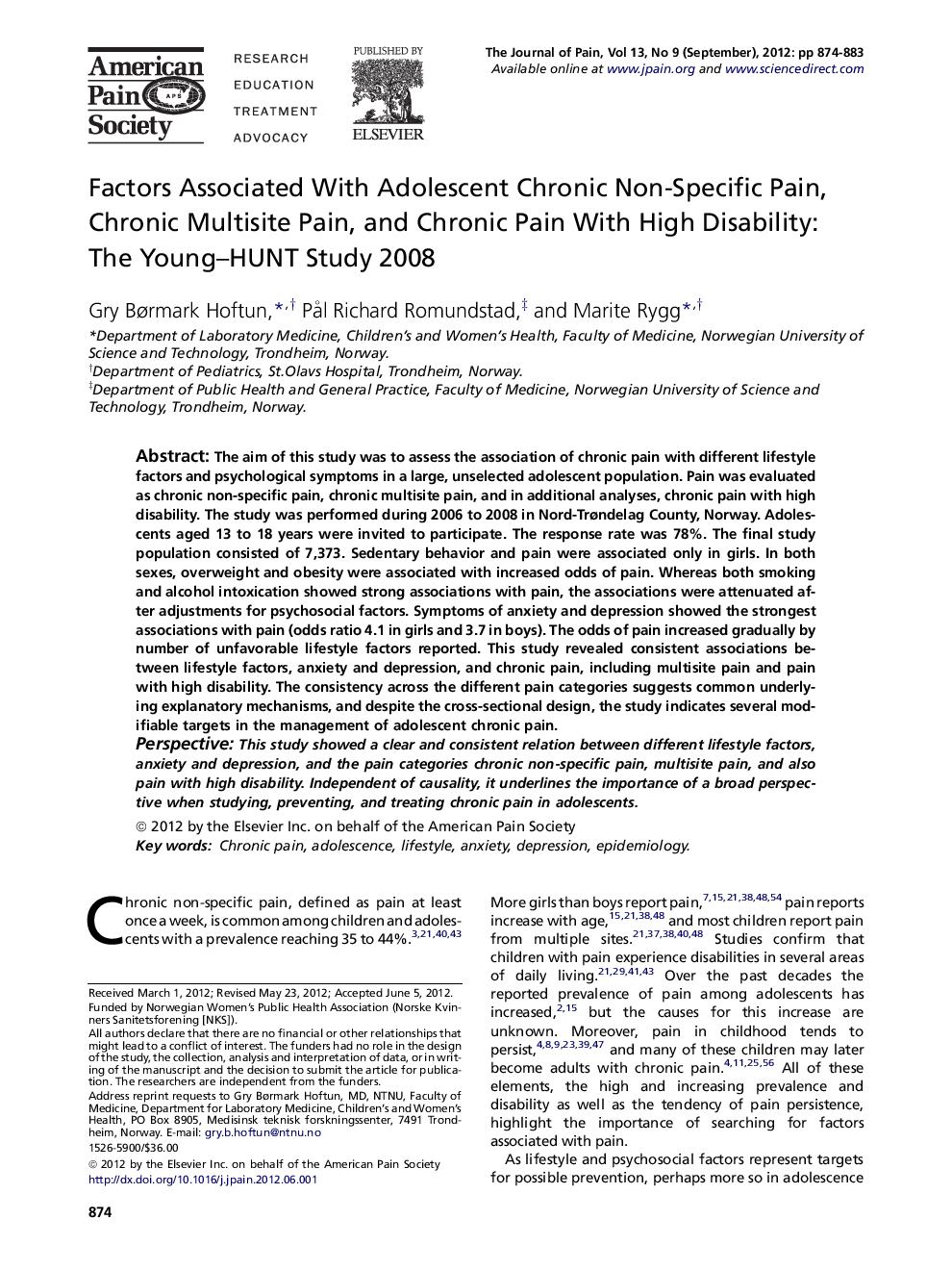 Factors Associated With Adolescent Chronic Non-Specific Pain, Chronic Multisite Pain, and Chronic Pain With High Disability: The Young–HUNT Study 2008 