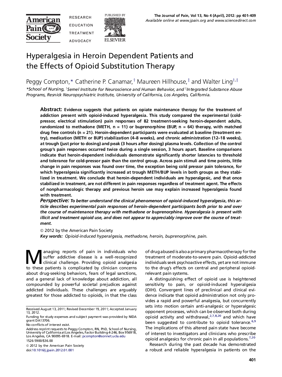 Hyperalgesia in Heroin Dependent Patients and the Effects of Opioid Substitution Therapy 