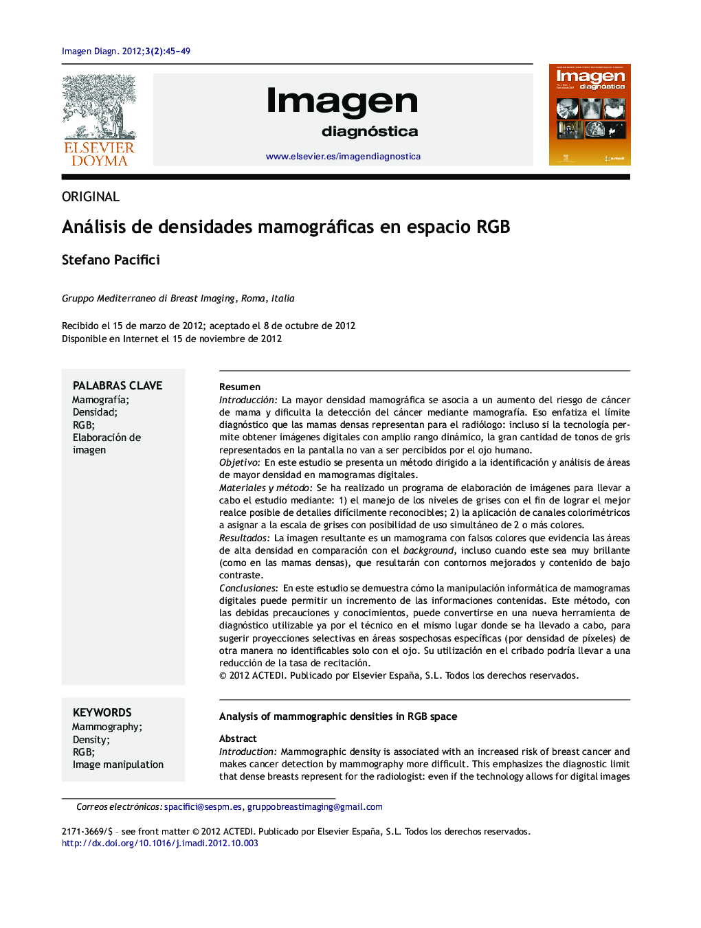 Análisis de densidades mamográficas en espacio RGB