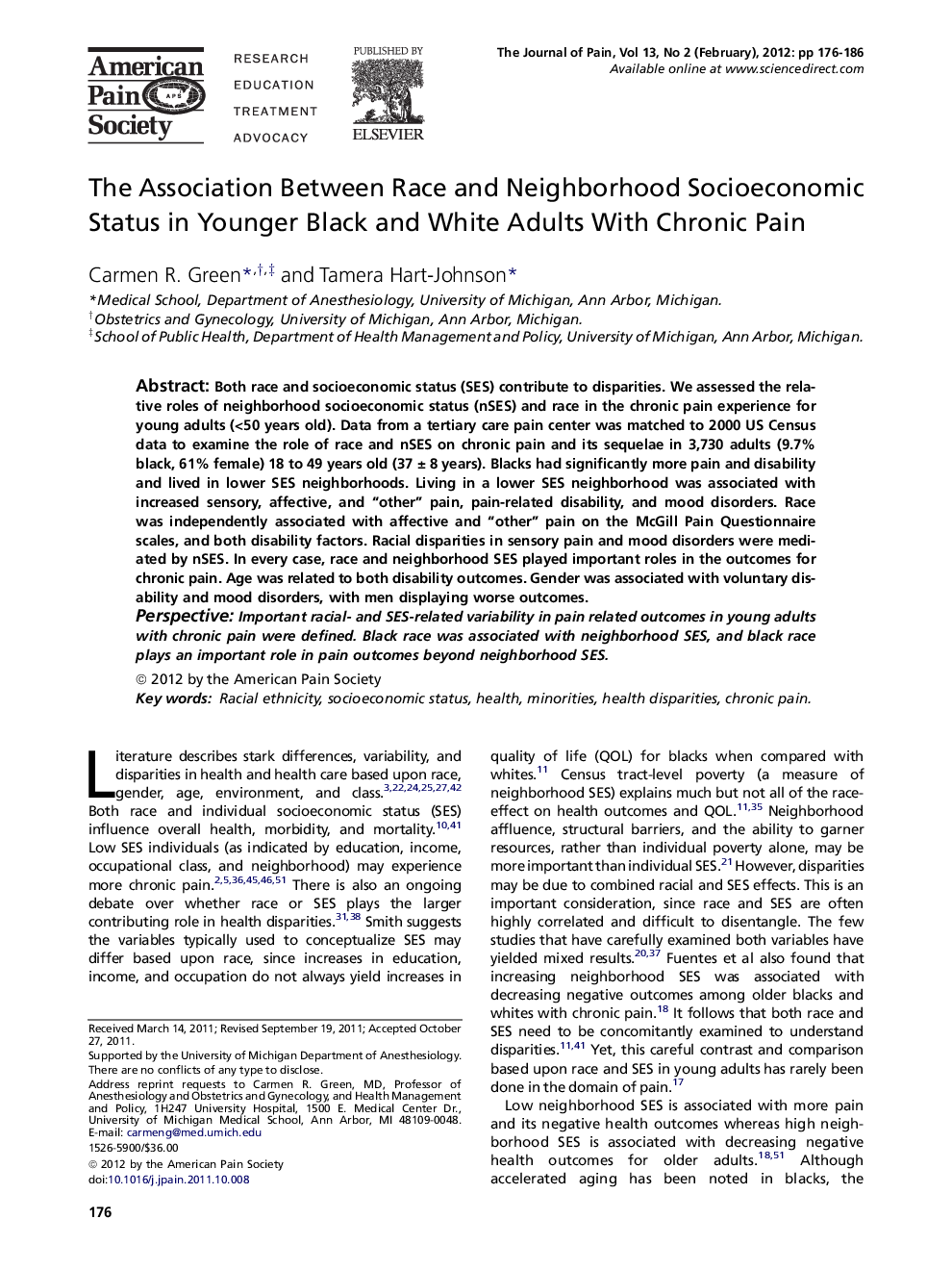 The Association Between Race and Neighborhood Socioeconomic Status in Younger Black and White Adults With Chronic Pain 