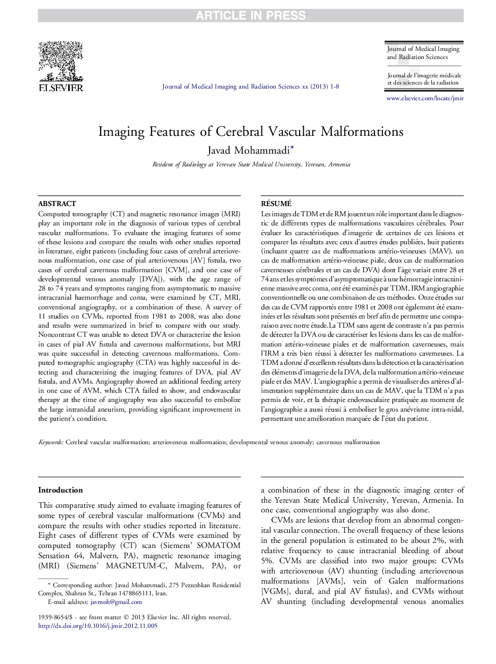 Imaging Features of Cerebral Vascular Malformations