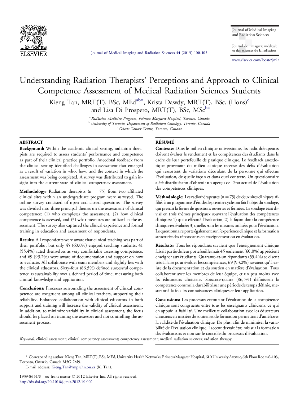 Understanding Radiation Therapists' Perceptions and Approach to Clinical Competence Assessment of Medical Radiation Sciences Students