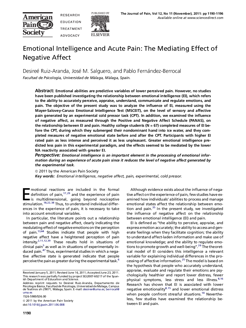 Emotional Intelligence and Acute Pain: The Mediating Effect of Negative Affect 