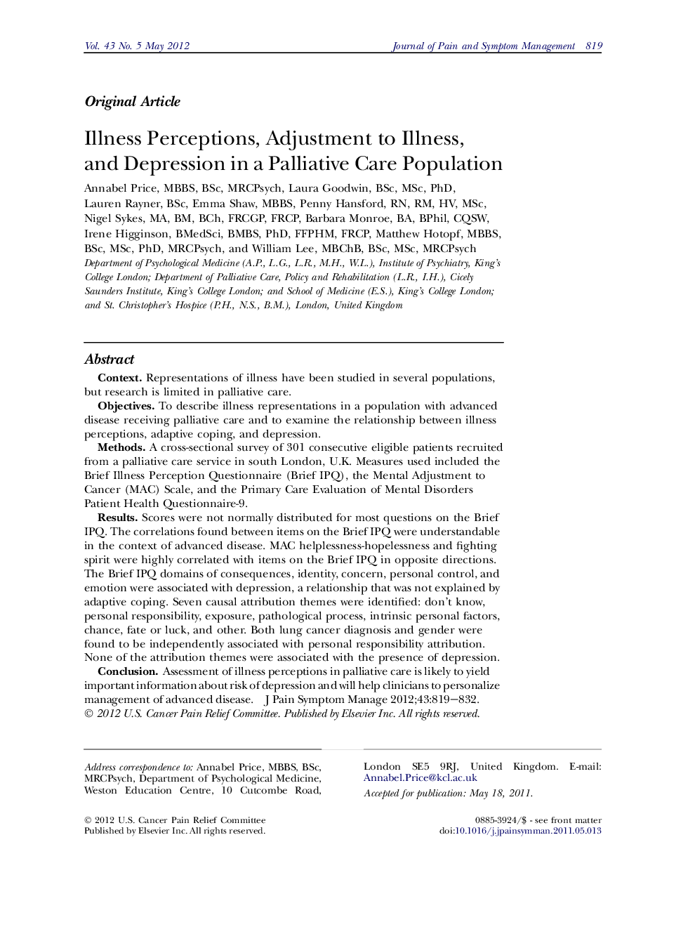 Illness Perceptions, Adjustment to Illness, and Depression in a Palliative Care Population