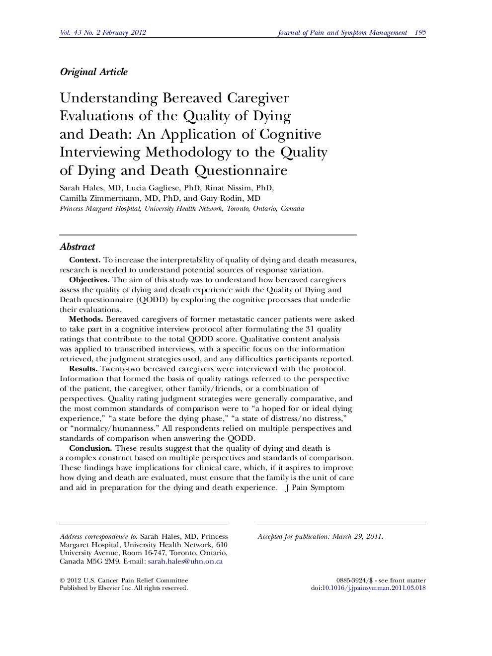 Understanding Bereaved Caregiver Evaluations of the Quality of Dying and Death: An Application of Cognitive Interviewing Methodology to the Quality of Dying and Death Questionnaire