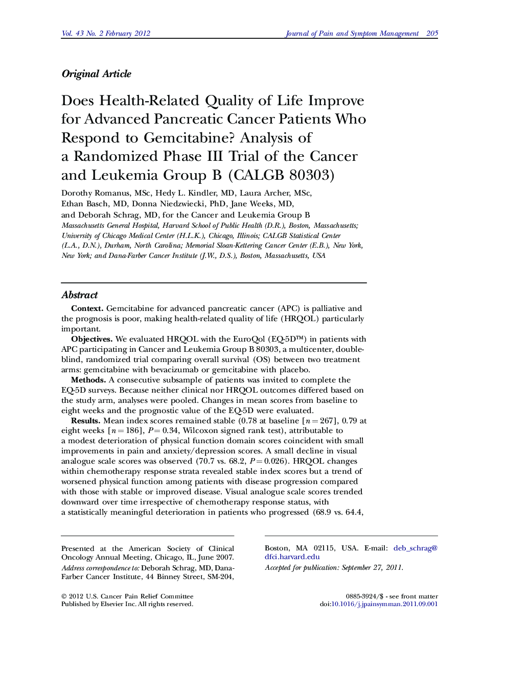 عکس صفحه اول مقاله: Does Health-Related Quality of Life Improve for Advanced Pancreatic Cancer Patients Who Respond to Gemcitabine? Analysis of a Randomized Phase III Trial of the Cancer and Leukemia Group B (CALGB 80303) Does Health-Related Quality of Life Improve for Advanced Pancreatic Cancer Patients Who Respond to Gemcitabine? Analysis of a Randomized Phase III Trial of the Cancer and Leukemia Group B (CALGB 80303)