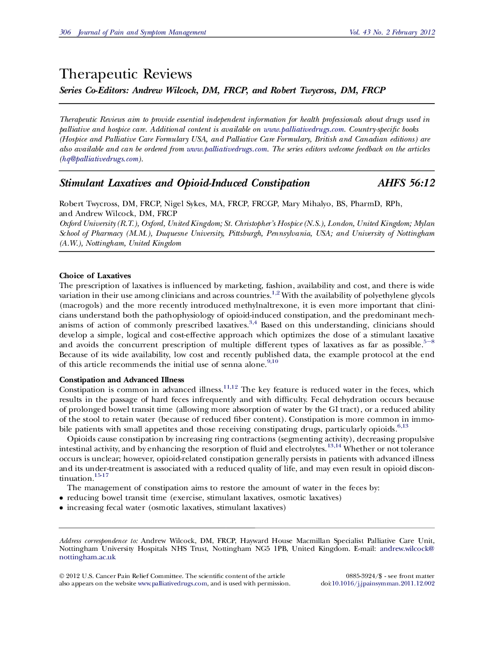 Stimulant Laxatives and Opioid-Induced Constipation 