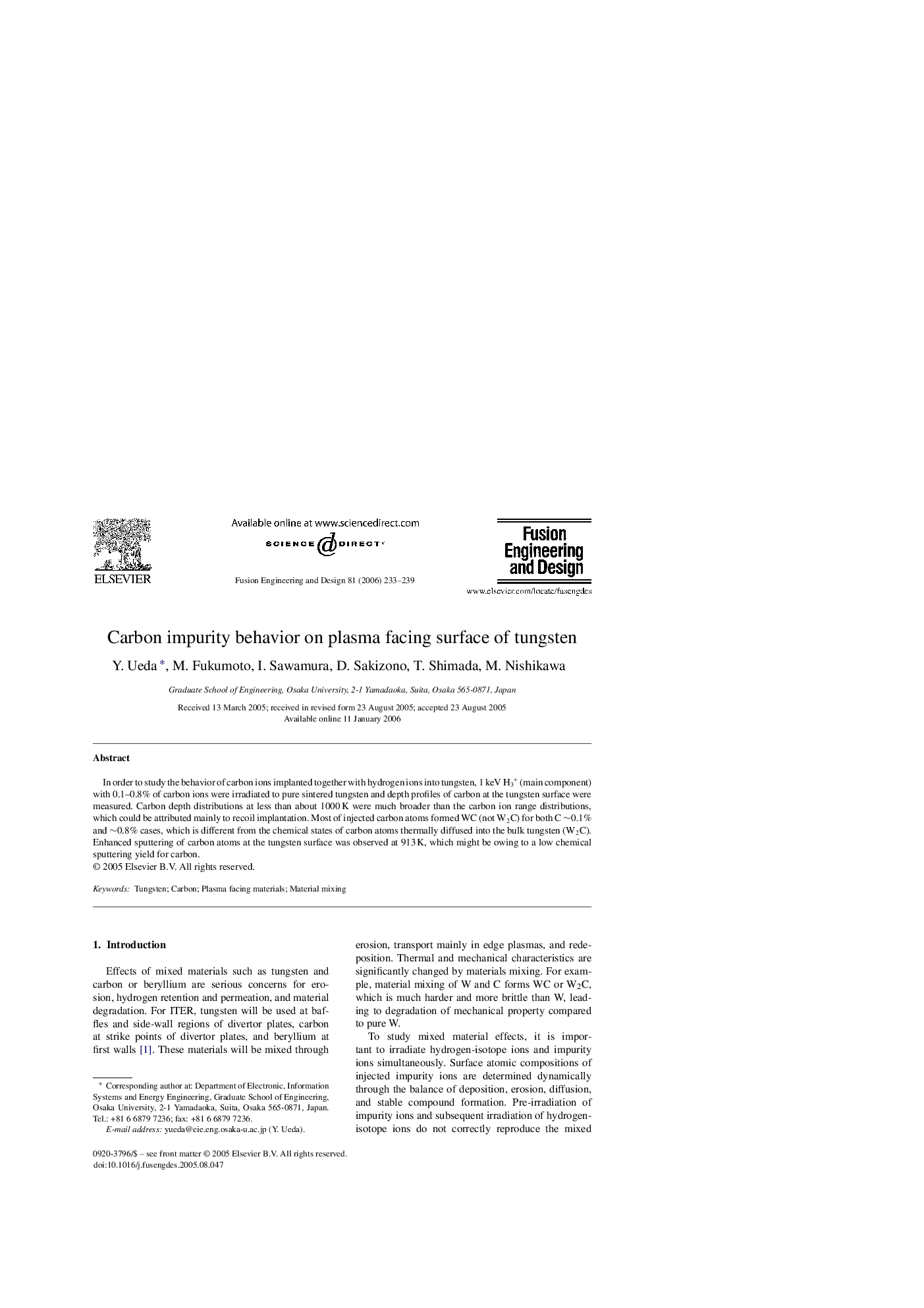 Carbon impurity behavior on plasma facing surface of tungsten