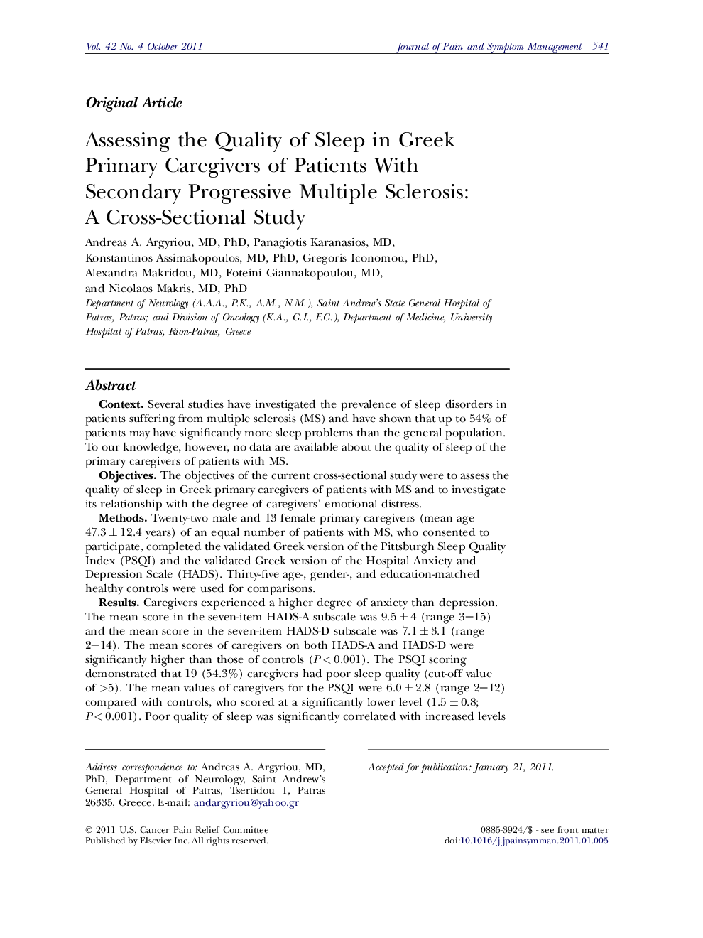 Assessing the Quality of Sleep in Greek Primary Caregivers of Patients With Secondary Progressive Multiple Sclerosis: A Cross-Sectional Study