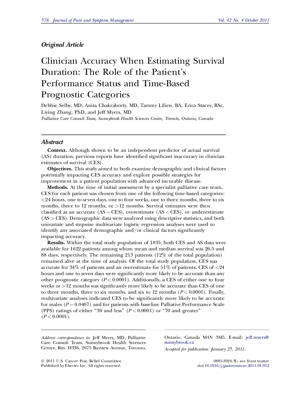 Clinician Accuracy When Estimating Survival Duration: The Role of the Patient's Performance Status and Time-Based Prognostic Categories