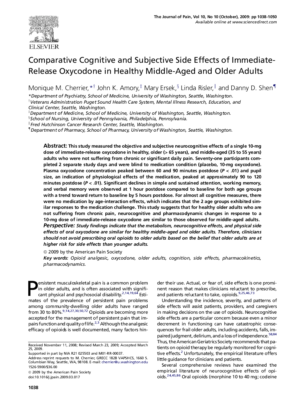 Comparative Cognitive and Subjective Side Effects of Immediate-Release Oxycodone in Healthy Middle-Aged and Older Adults 