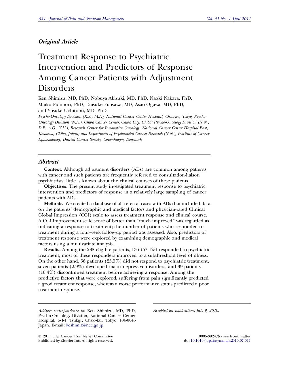 Treatment Response to Psychiatric Intervention and Predictors of Response Among Cancer Patients with Adjustment Disorders