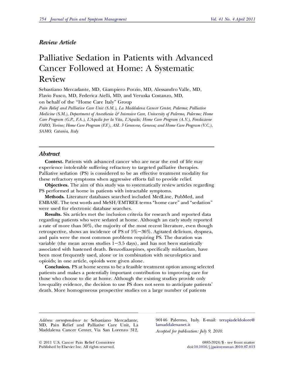 Palliative Sedation in Patients with Advanced Cancer Followed at Home: A Systematic Review