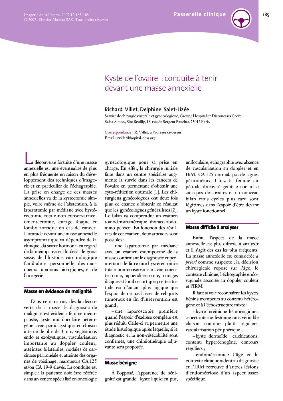 Kyste de l'ovaire : conduite Ã  tenir devant une masse annexielle