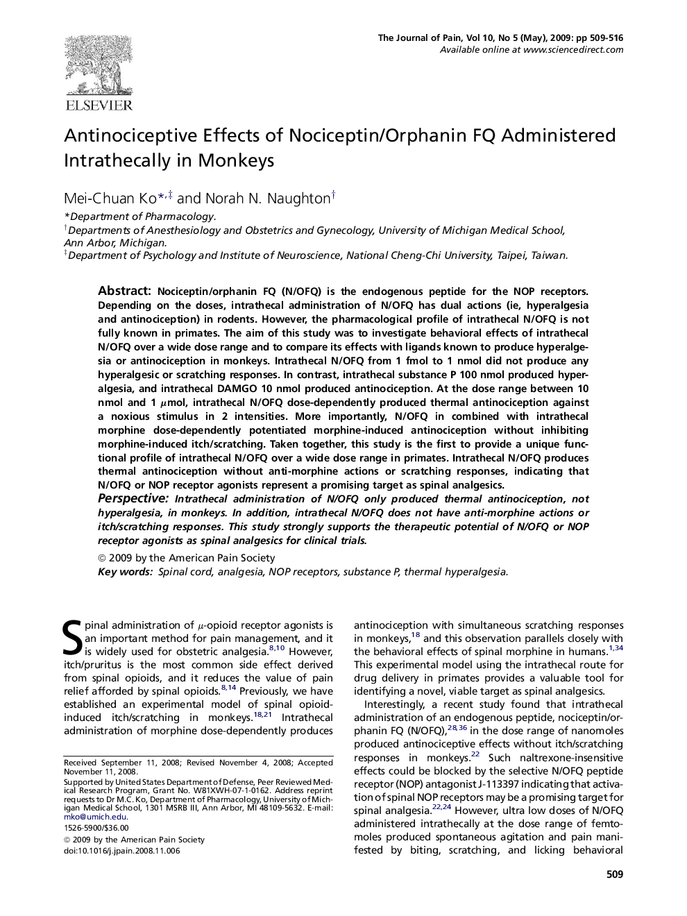 Antinociceptive Effects of Nociceptin/Orphanin FQ Administered Intrathecally in Monkeys 