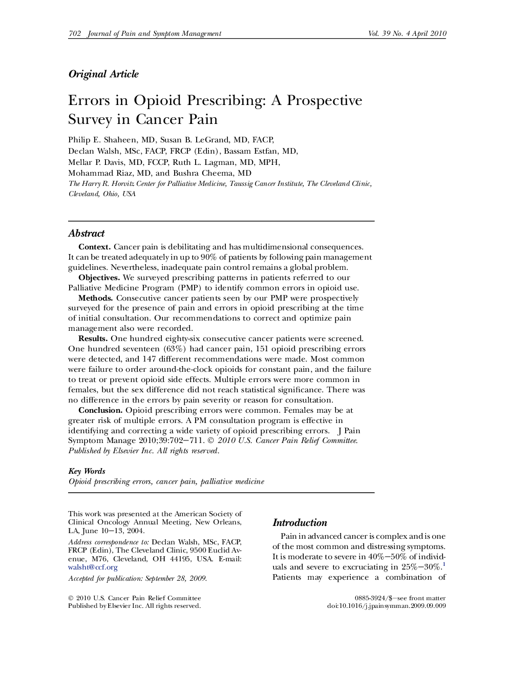 Errors in Opioid Prescribing: A Prospective Survey in Cancer Pain