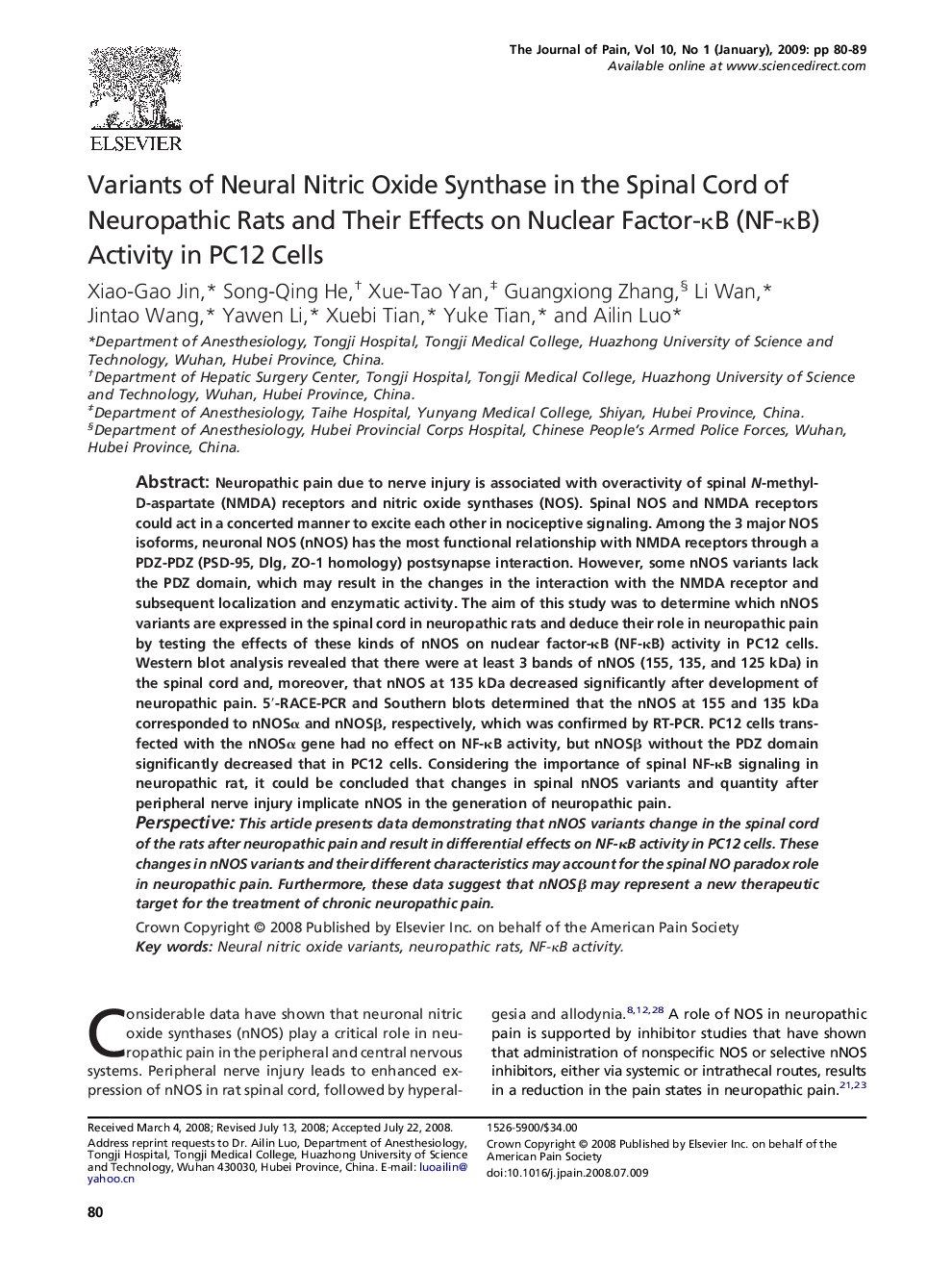 عکس صفحه اول مقاله: Variants of Neural Nitric Oxide Synthase in the Spinal Cord of Neuropathic Rats and Their Effects on Nuclear Factor-κB (NF-κB) Activity in PC12 Cells Variants of Neural Nitric Oxide Synthase in the Spinal Cord of Neuropathic Rats and Their Effects on Nuclear Factor-κB (NF-κB) Activity in PC12 Cells