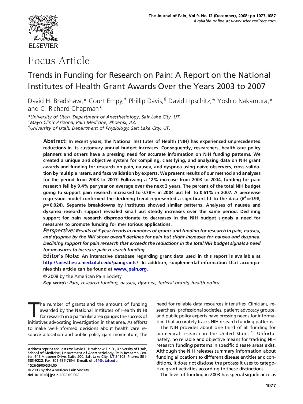 Trends in Funding for Research on Pain: A Report on the National Institutes of Health Grant Awards Over the Years 2003 to 2007