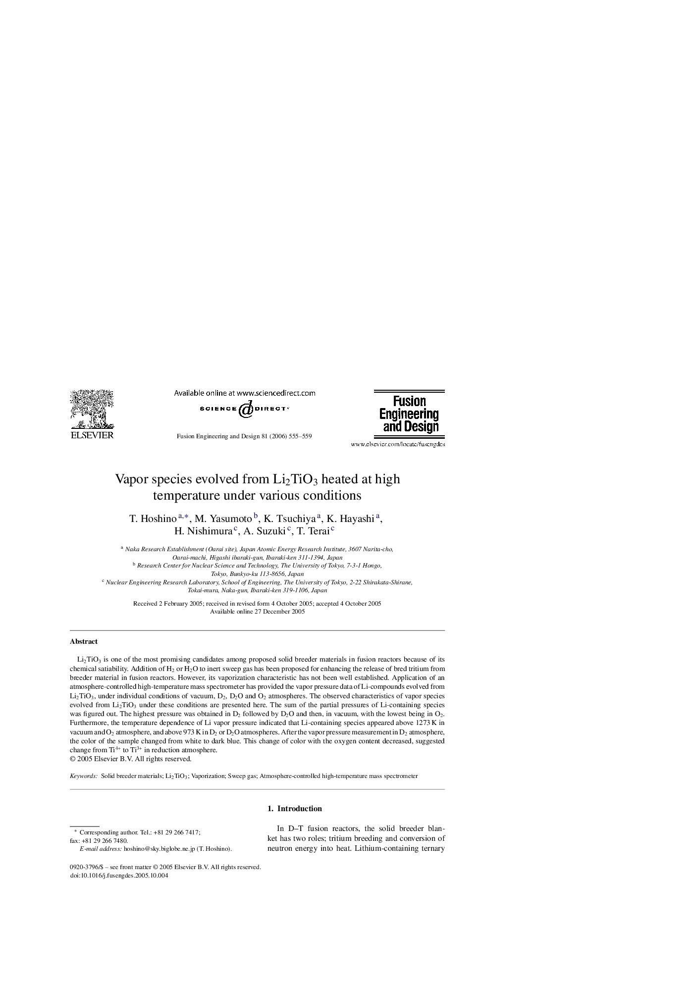 Vapor species evolved from Li2TiO3 heated at high temperature under various conditions