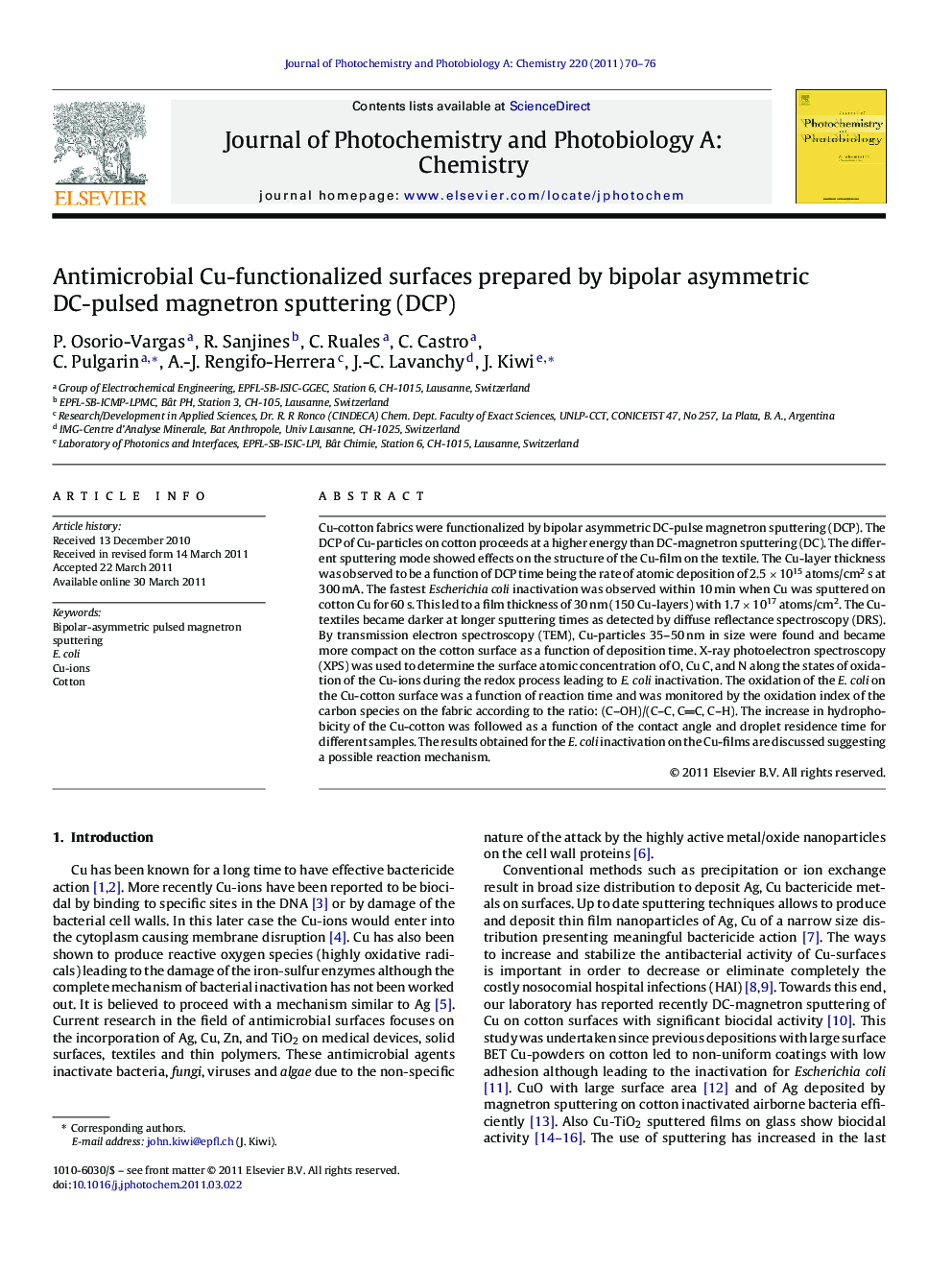 Antimicrobial Cu-functionalized surfaces prepared by bipolar asymmetric DC-pulsed magnetron sputtering (DCP)