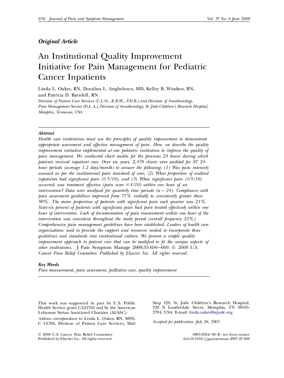 An Institutional Quality Improvement Initiative for Pain Management for Pediatric Cancer Inpatients 