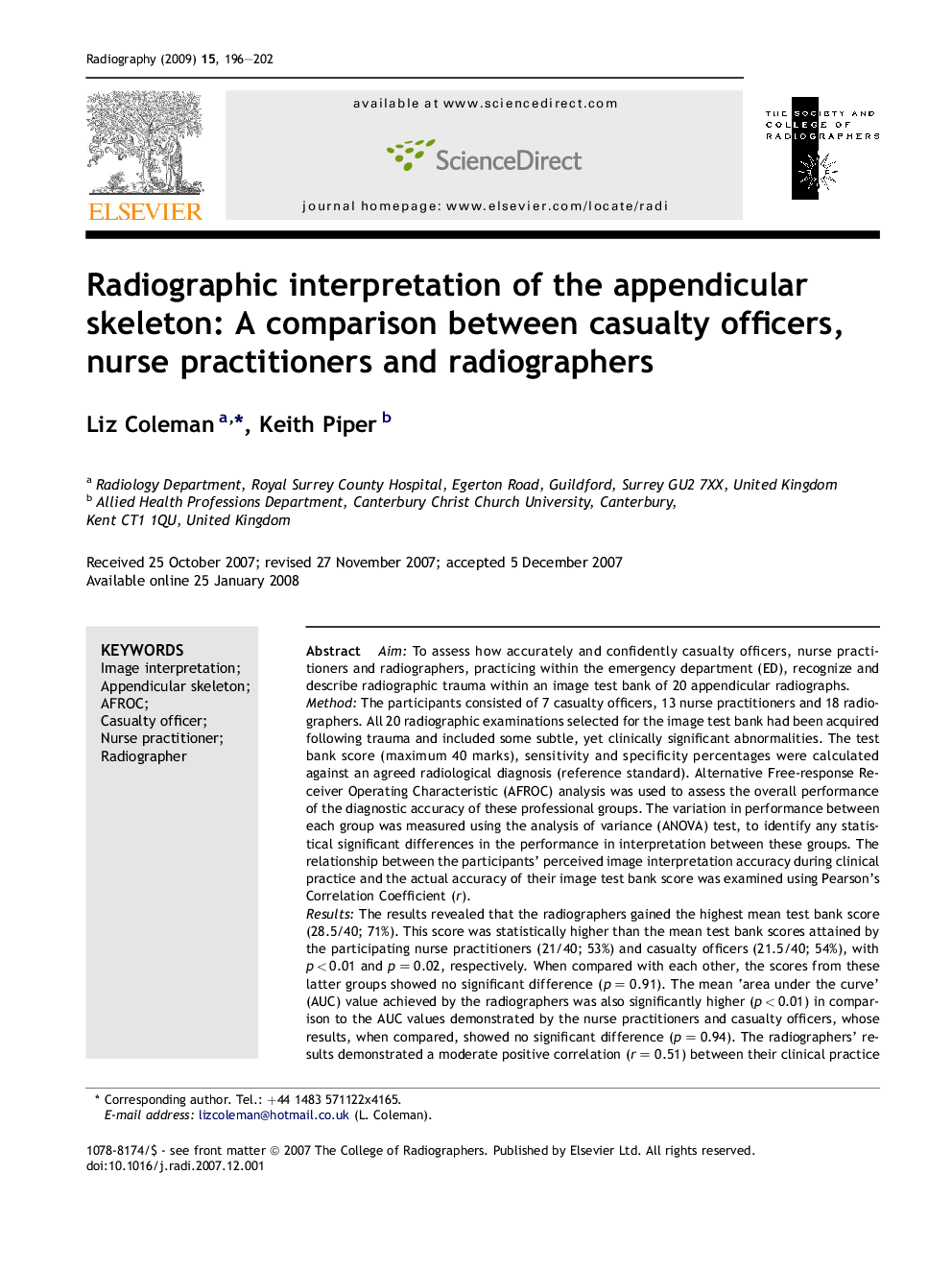 Radiographic interpretation of the appendicular skeleton: A comparison between casualty officers, nurse practitioners and radiographers