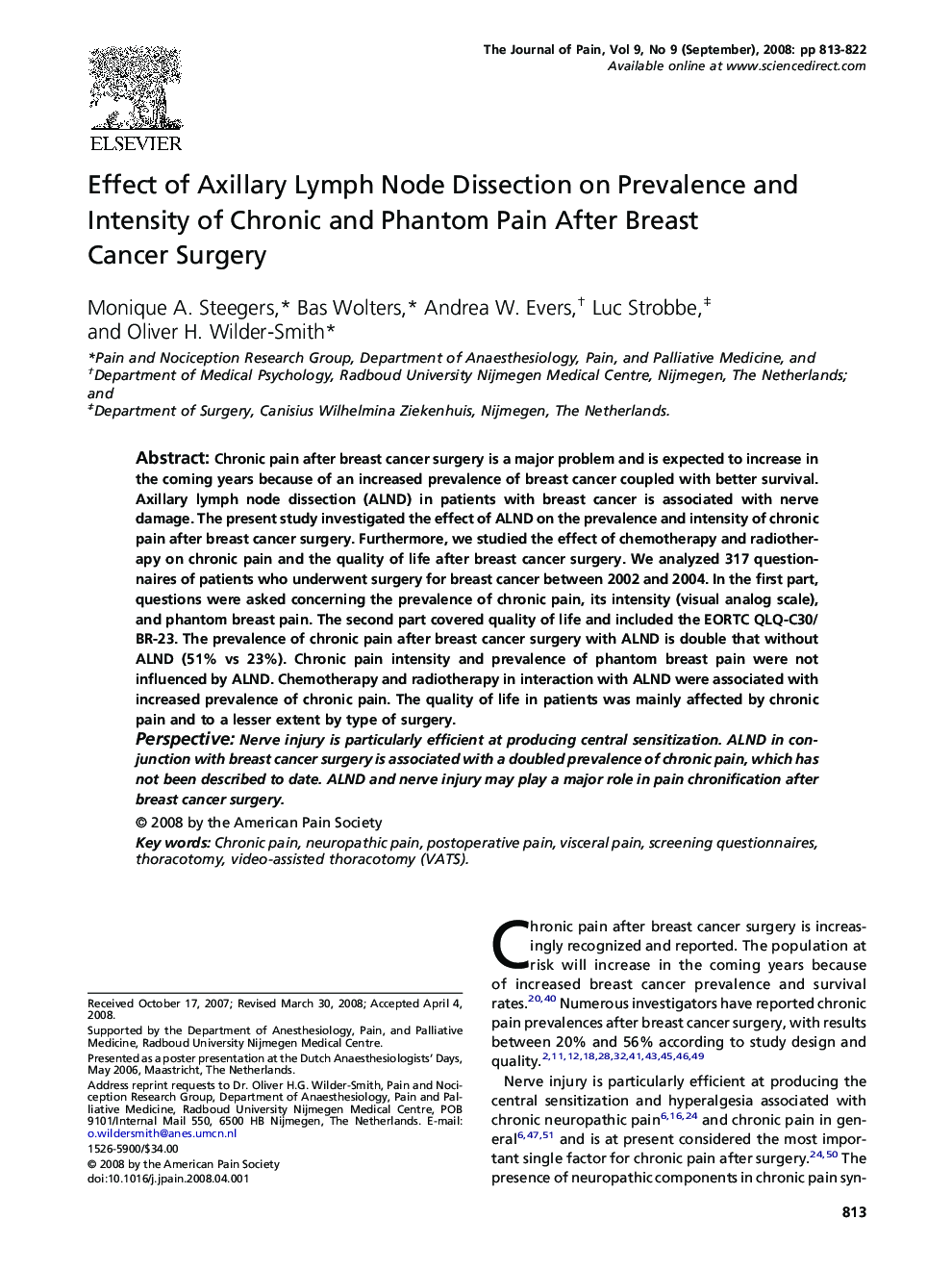 Effect of Axillary Lymph Node Dissection on Prevalence and Intensity of Chronic and Phantom Pain After Breast Cancer Surgery 