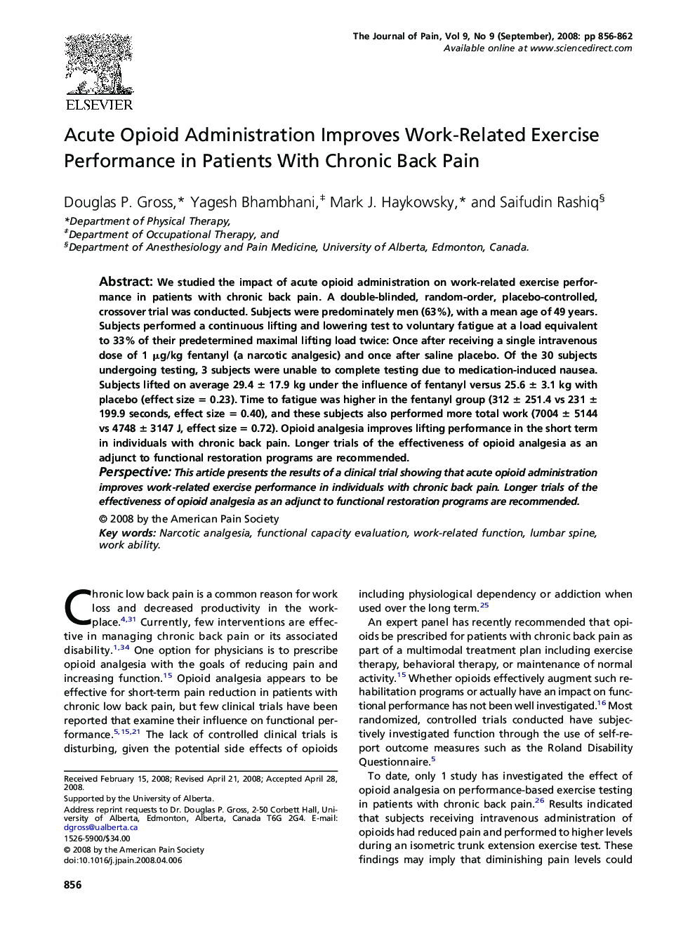 Acute Opioid Administration Improves Work-Related Exercise Performance in Patients With Chronic Back Pain 