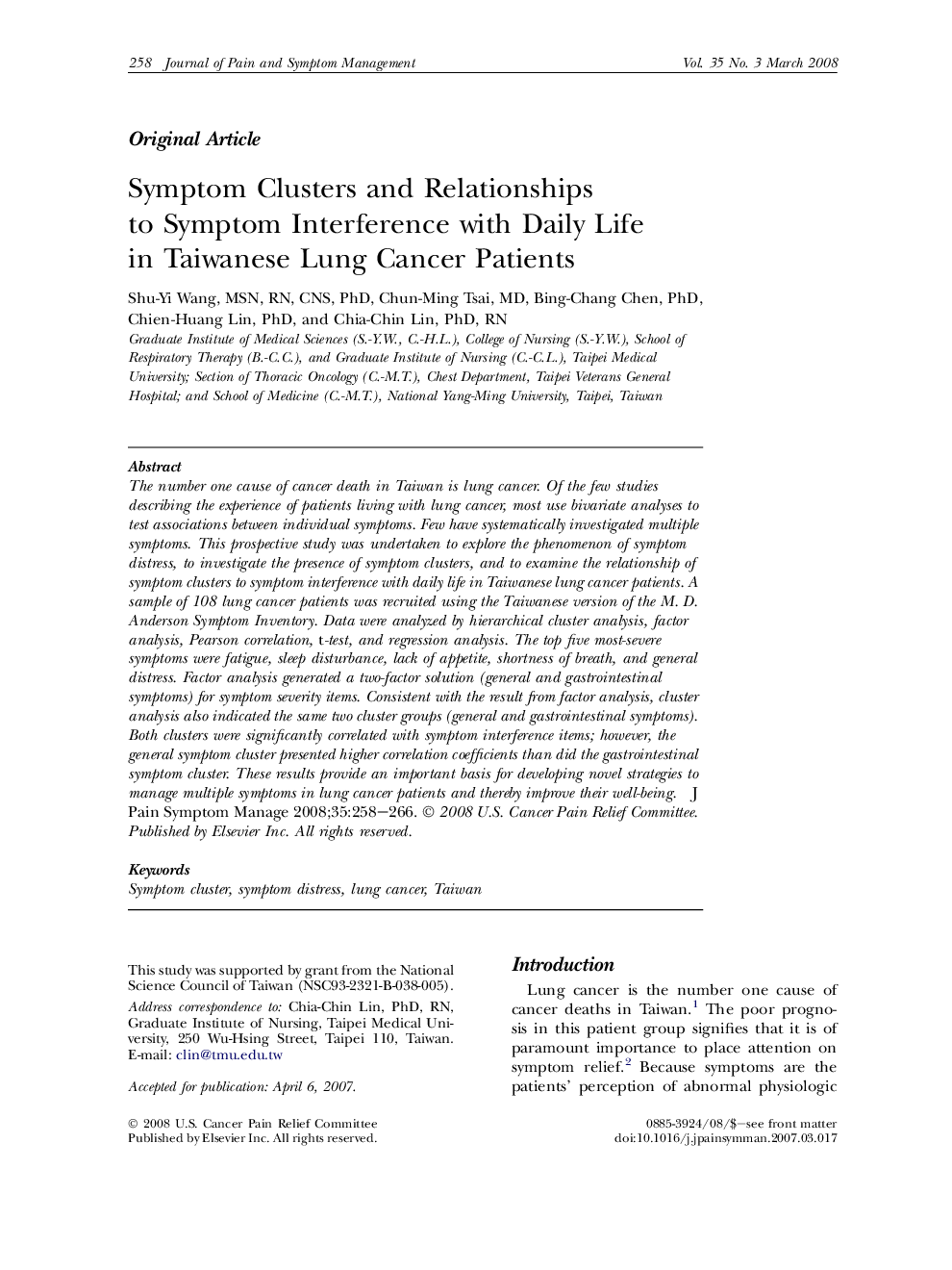 Symptom Clusters and Relationships to Symptom Interference with Daily Life in Taiwanese Lung Cancer Patients 