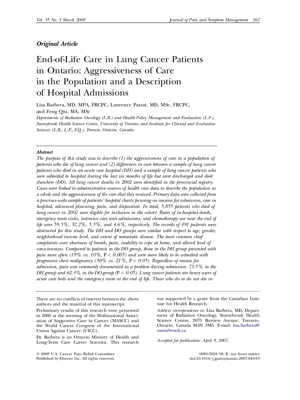 End-of-Life Care in Lung Cancer Patients in Ontario: Aggressiveness of Care in the Population and a Description of Hospital Admissions 