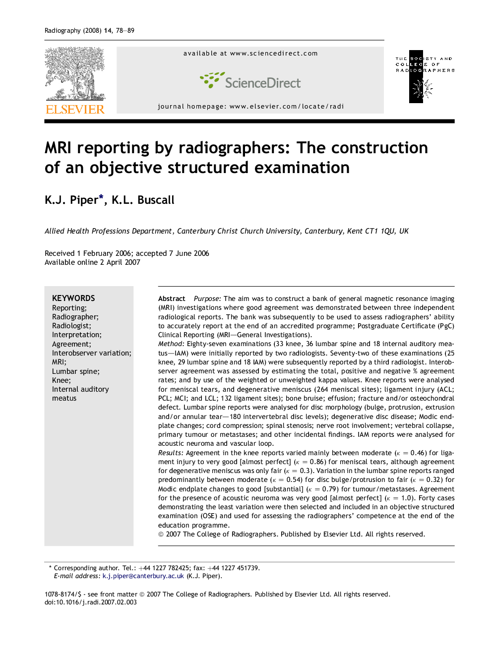 MRI reporting by radiographers: The construction of an objective structured examination