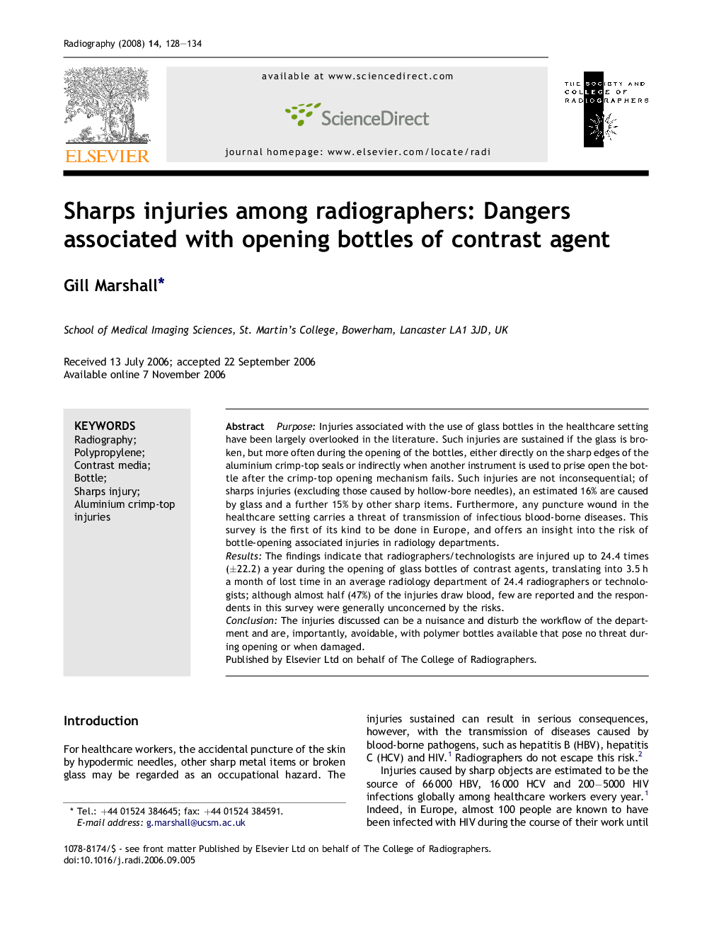 Sharps injuries among radiographers: Dangers associated with opening bottles of contrast agent