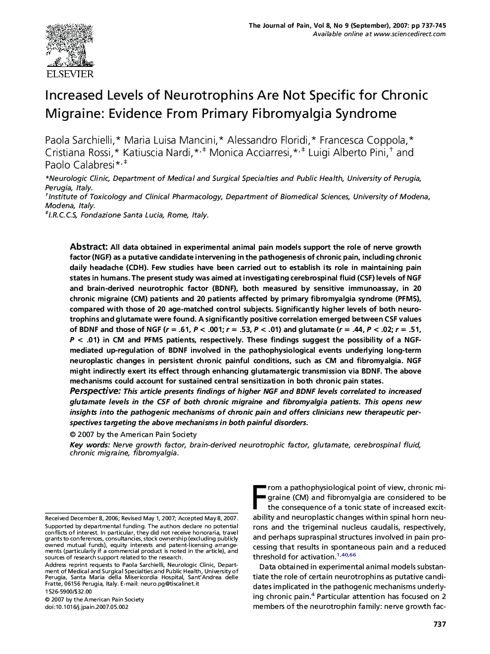 Increased Levels of Neurotrophins Are Not Specific for Chronic Migraine: Evidence From Primary Fibromyalgia Syndrome 