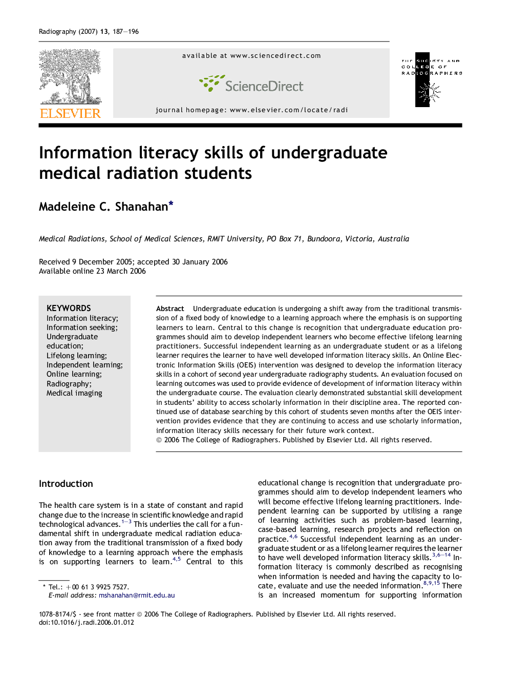 Information literacy skills of undergraduate medical radiation students