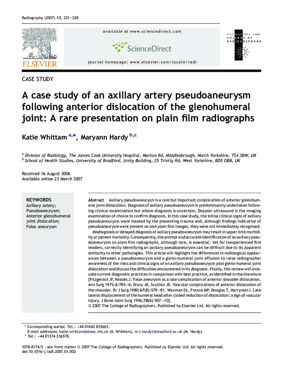 A case study of an axillary artery pseudoaneurysm following anterior dislocation of the glenohumeral joint: A rare presentation on plain film radiographs