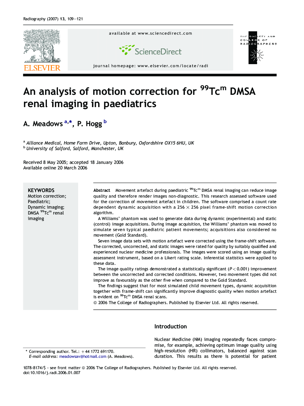 An analysis of motion correction for 99Tcm DMSA renal imaging in paediatrics