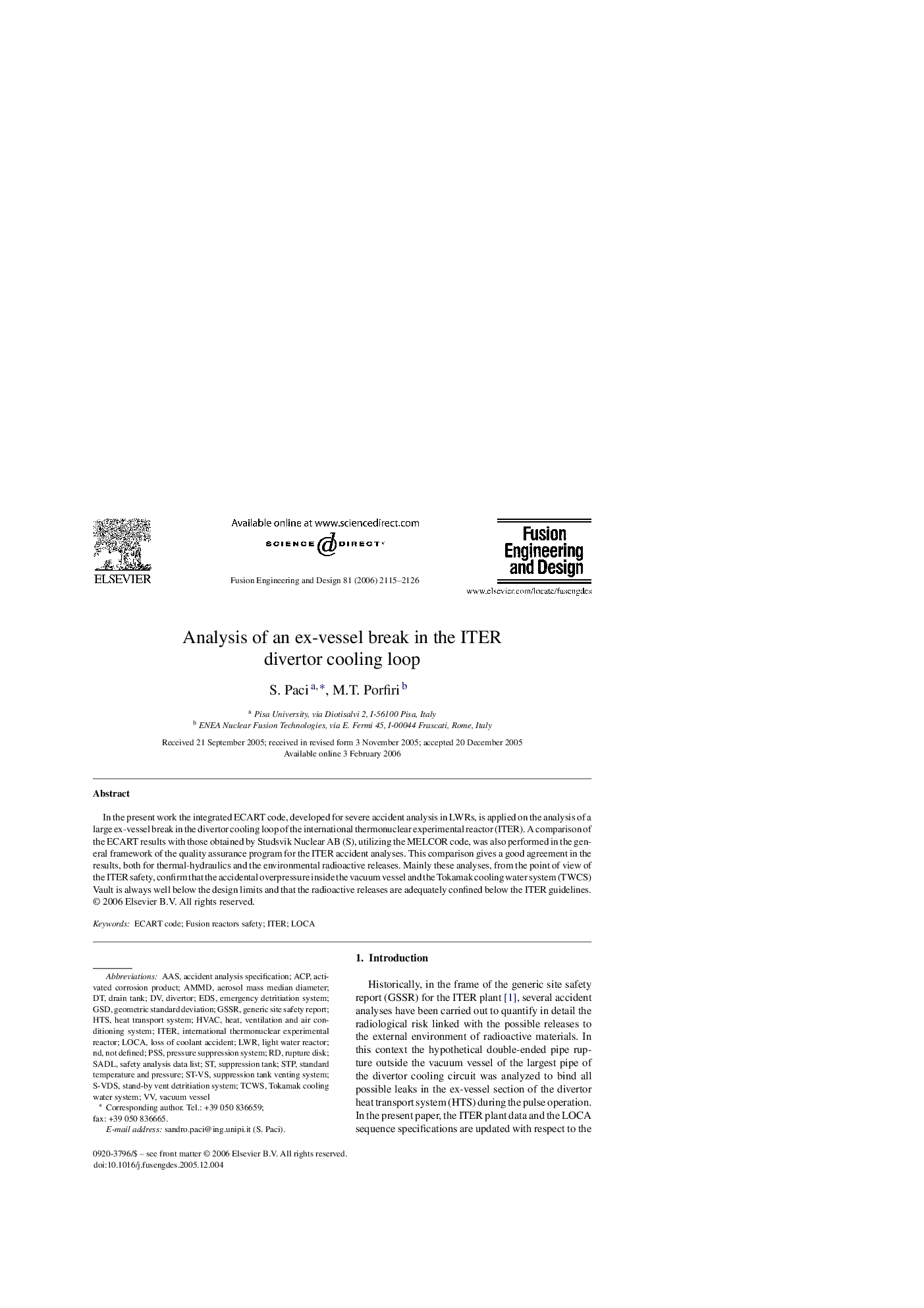 Analysis of an ex-vessel break in the ITER divertor cooling loop