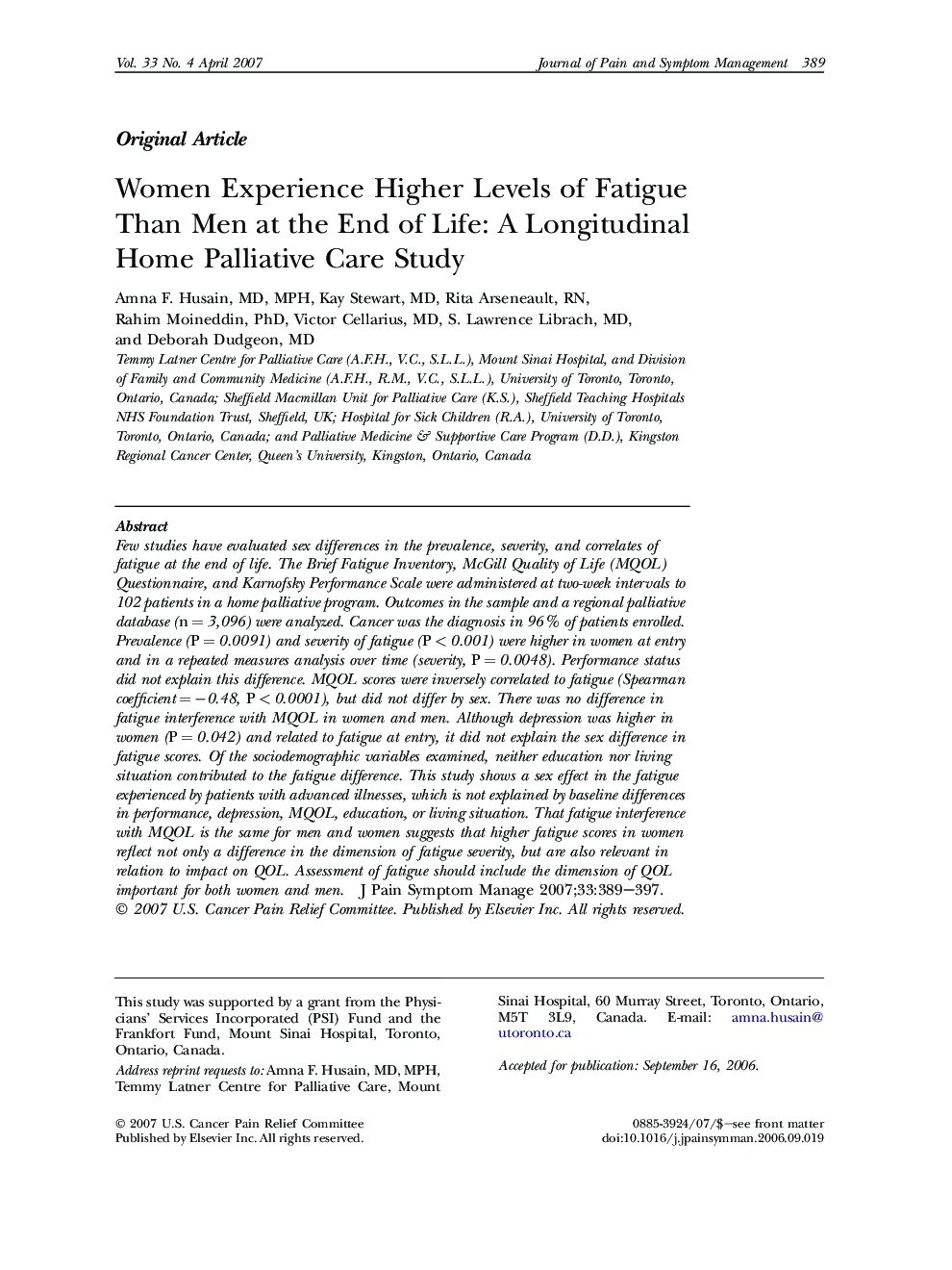 Women Experience Higher Levels of Fatigue Than Men at the End of Life: A Longitudinal Home Palliative Care Study 