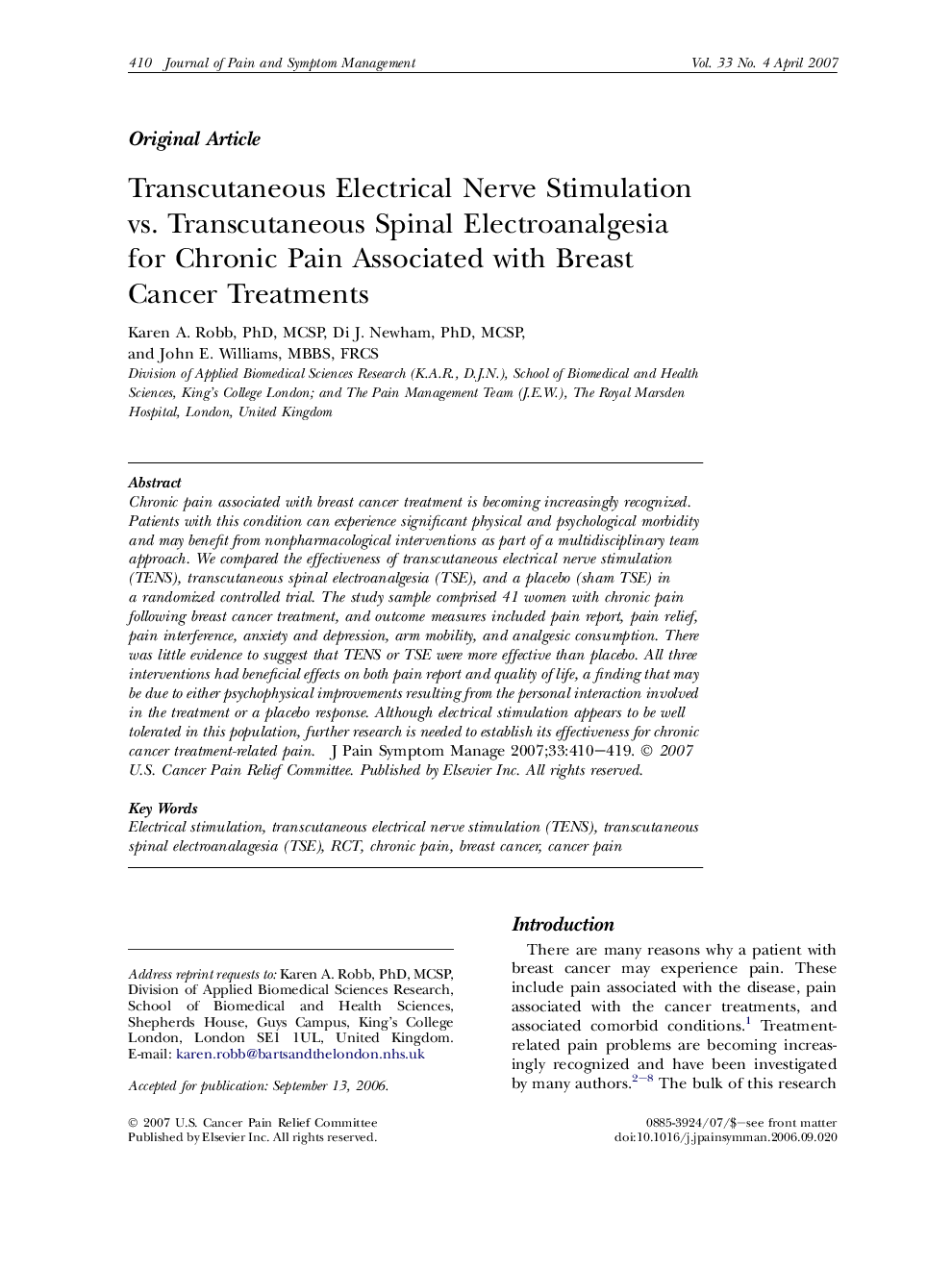 Transcutaneous Electrical Nerve Stimulation vs. Transcutaneous Spinal Electroanalgesia for Chronic Pain Associated with Breast Cancer Treatments