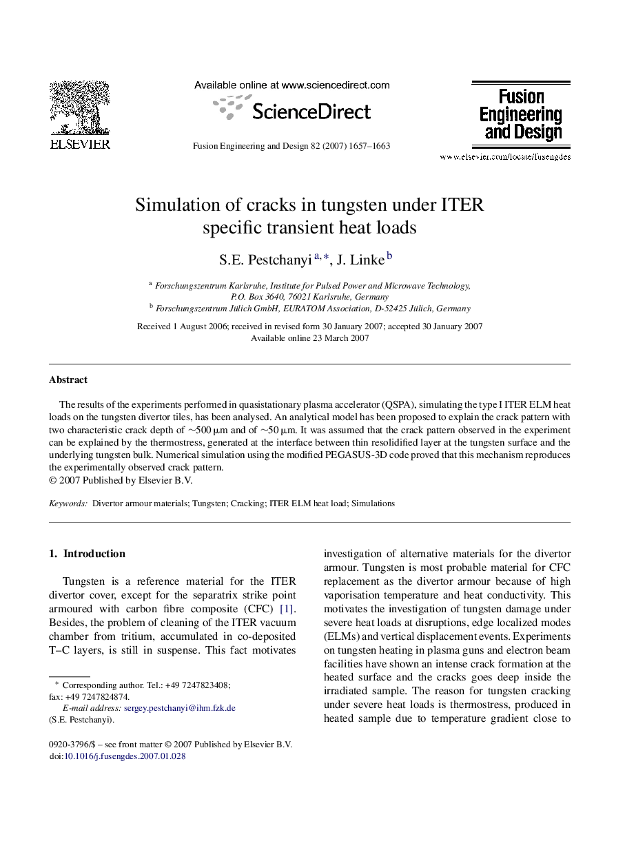 Simulation of cracks in tungsten under ITER specific transient heat loads