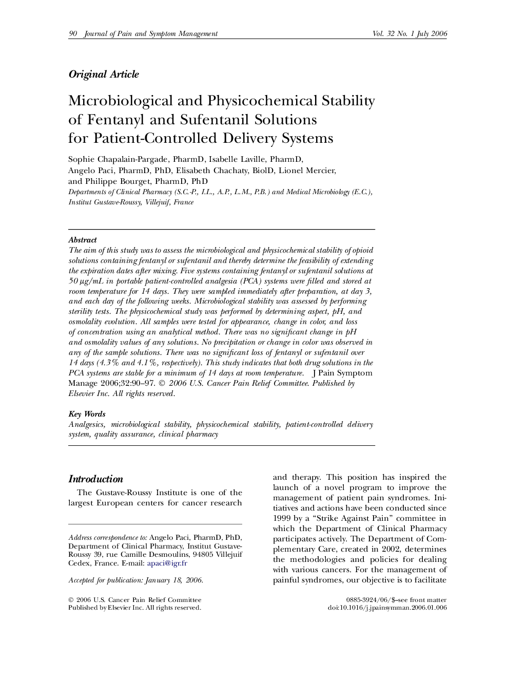 Microbiological and Physicochemical Stability of Fentanyl and Sufentanil Solutions for Patient-Controlled Delivery Systems