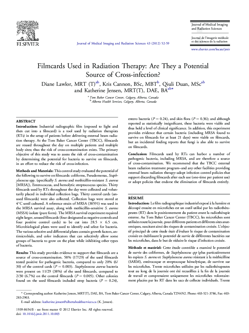 Filmcards Used in Radiation Therapy: Are They a Potential Source of Cross-infection?