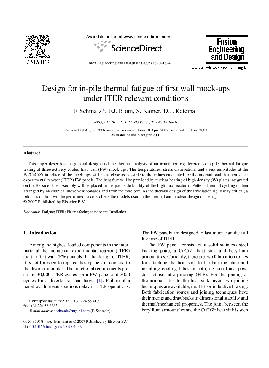 Design for in-pile thermal fatigue of first wall mock-ups under ITER relevant conditions