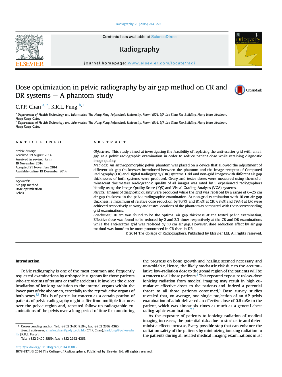 Dose optimization in pelvic radiography by air gap method on CR and DR systems – A phantom study