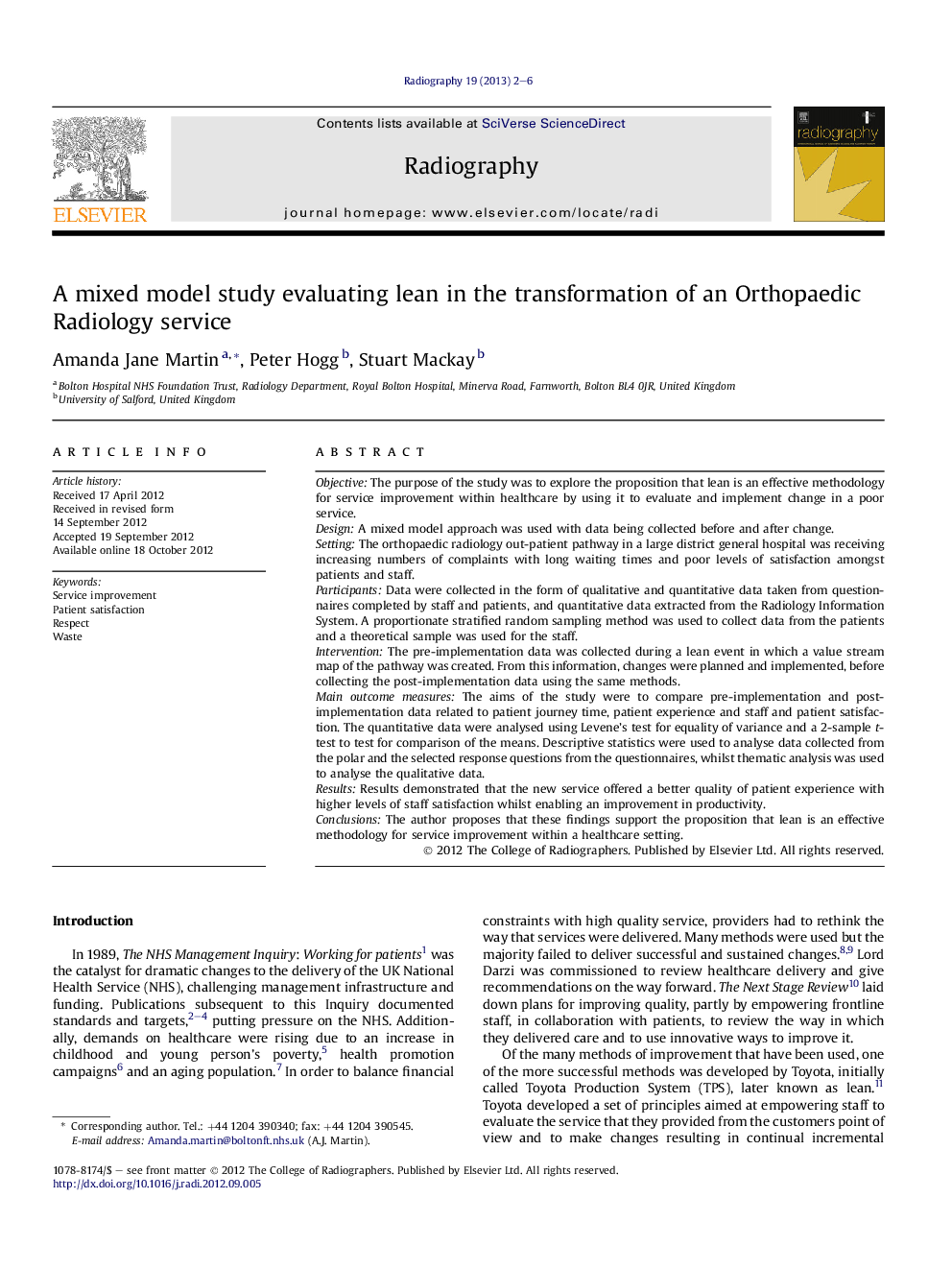 A mixed model study evaluating lean in the transformation of an Orthopaedic Radiology service