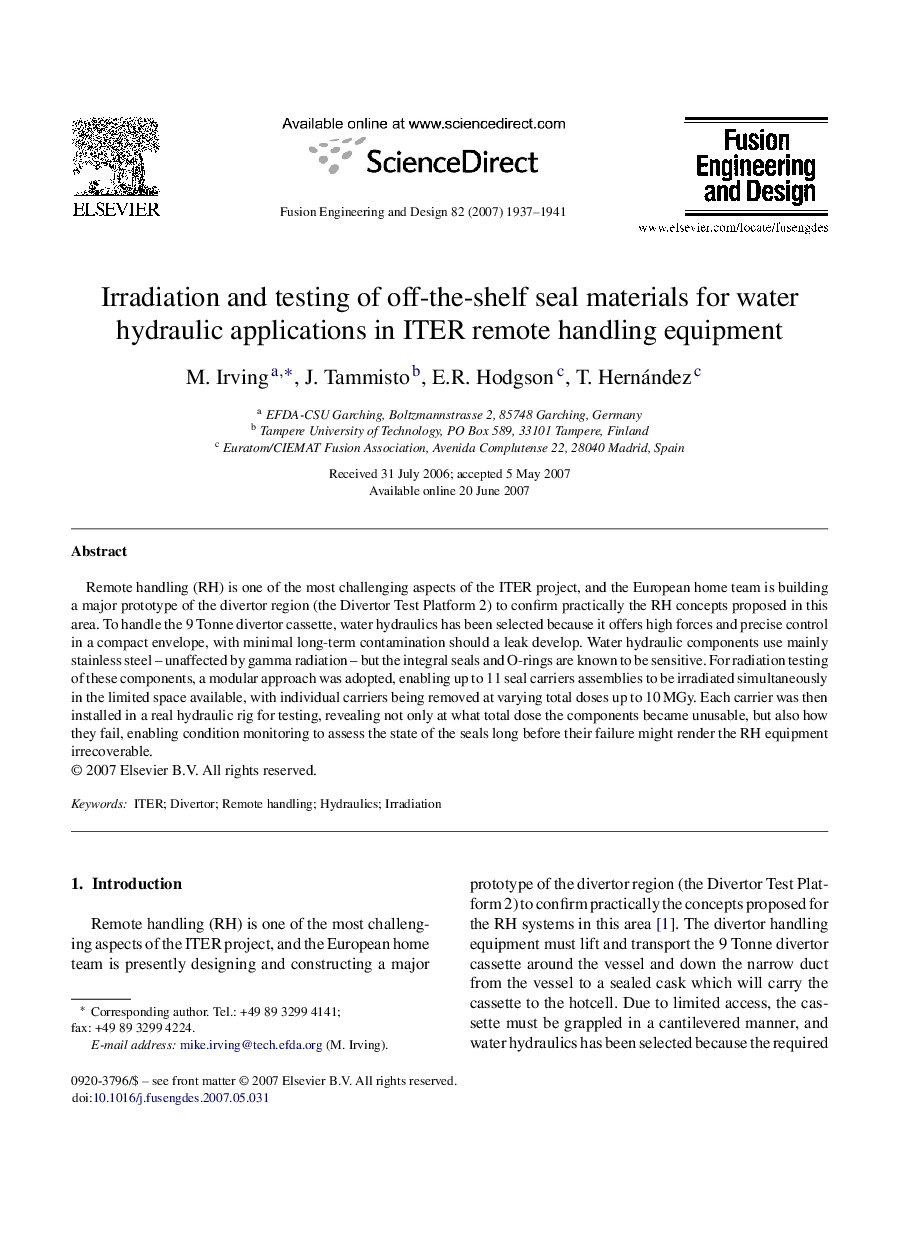 Irradiation and testing of off-the-shelf seal materials for water hydraulic applications in ITER remote handling equipment