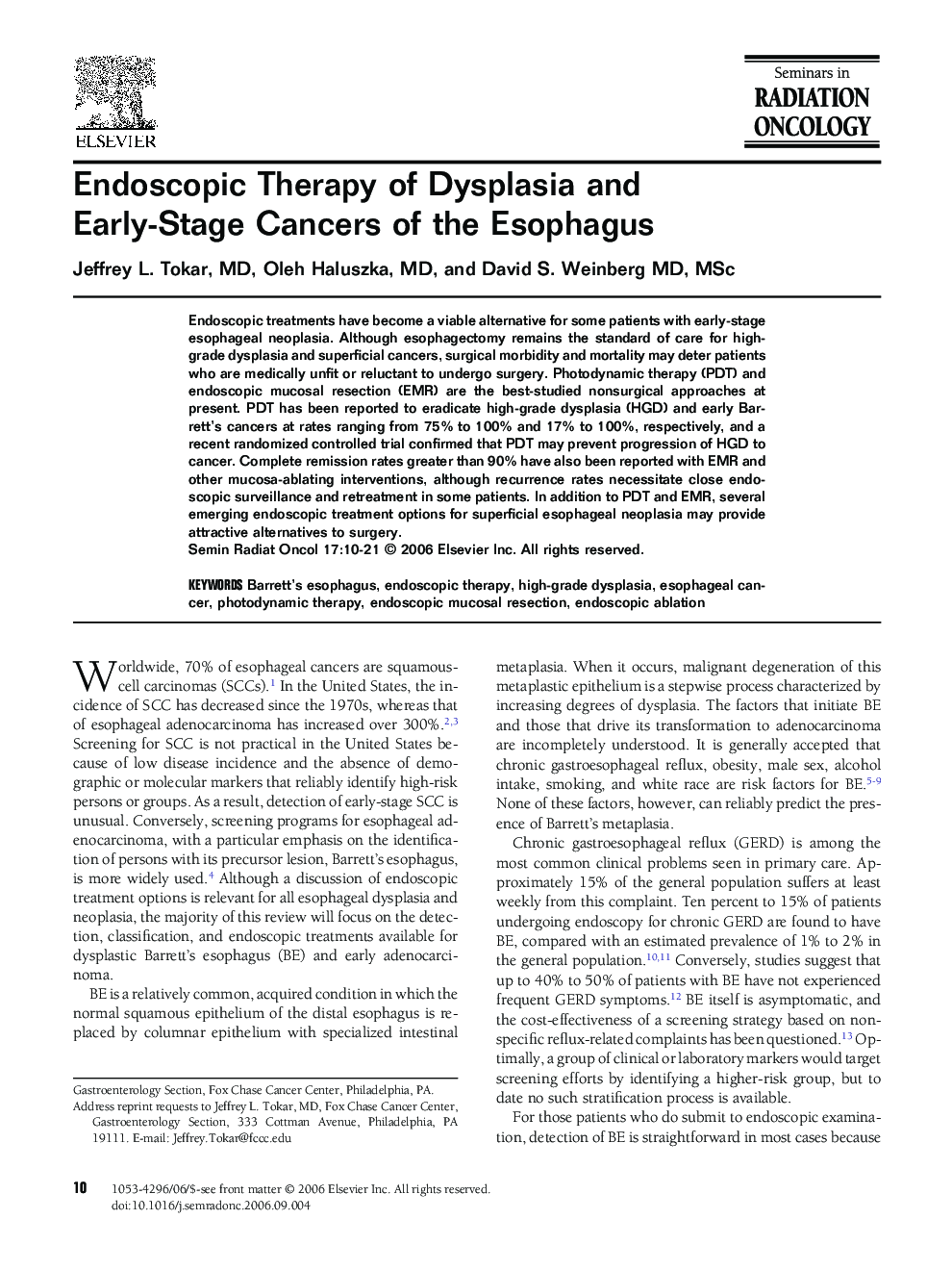 Endoscopic Therapy of Dysplasia and Early-Stage Cancers of the Esophagus