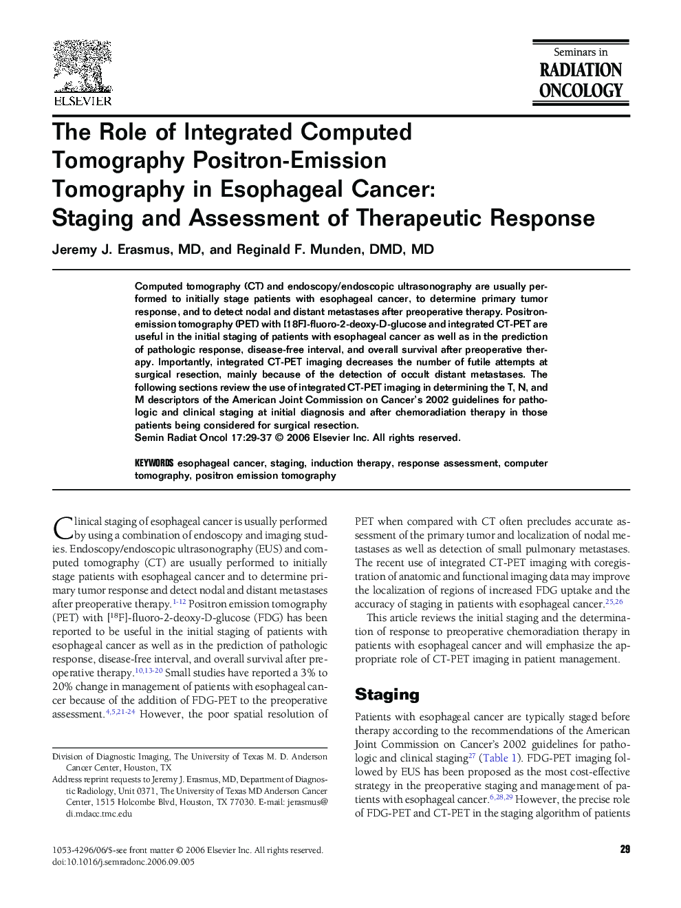 The Role of Integrated Computed Tomography Positron-Emission Tomography in Esophageal Cancer: Staging and Assessment of Therapeutic Response