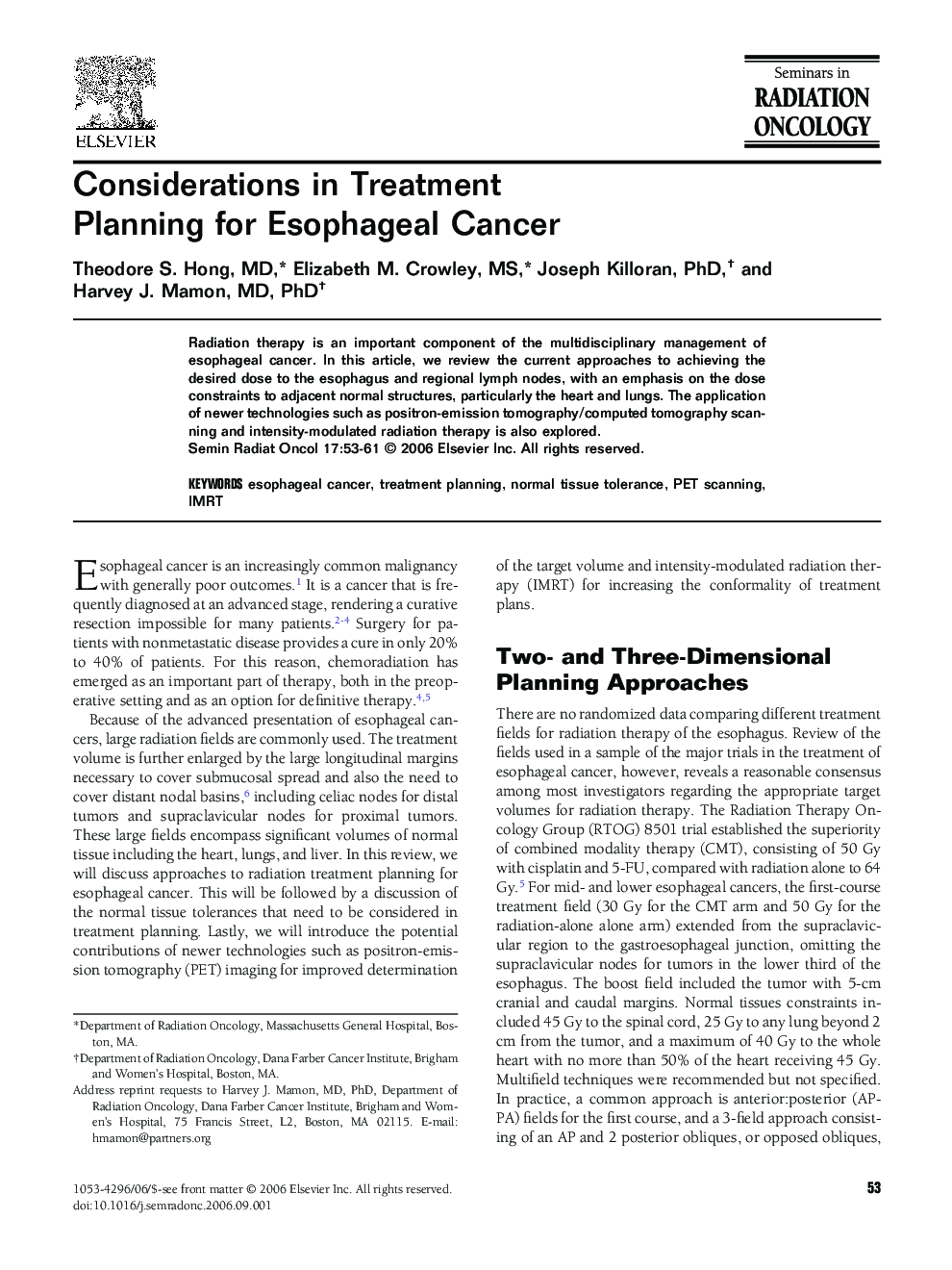 Considerations in Treatment Planning for Esophageal Cancer