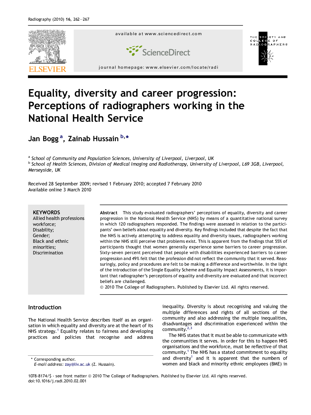 عکس صفحه اول مقاله: Equality, diversity and career progression: Perceptions of radiographers working in the National Health Service Equality, diversity and career progression: Perceptions of radiographers working in the National Health Service